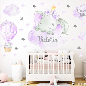 Watercolor Elephant Nursery Decal: Sleeping Elephant, Hot Air Balloon
