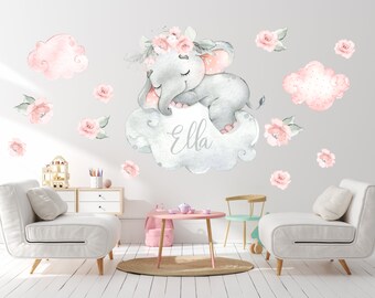 Watercolor nursery elephant decal, nursery decals, wall decor, baby room decor, watercolor elephant wall decal, sleeping elephant decal - 05