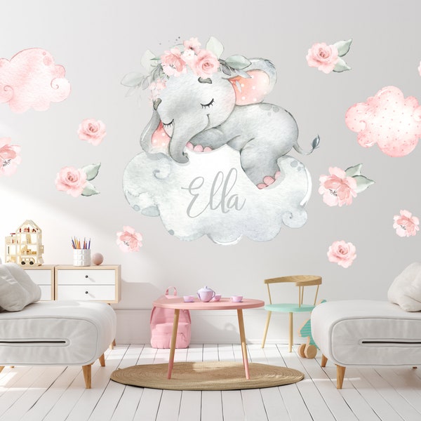 Aquarelle de pépinière éléphant décalque, décalcomanies de pépinière, décor mural, décor de chambre de bébé, aquarelle éléphant murale décalque, éléphant endormi décalque - 05