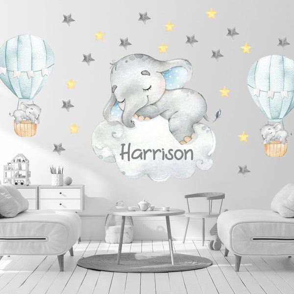 Elephant  nursery decal with hot air balloons, nursery elephant wall decor, elephant decal, baby room decor, sleeping elephant decal - 128