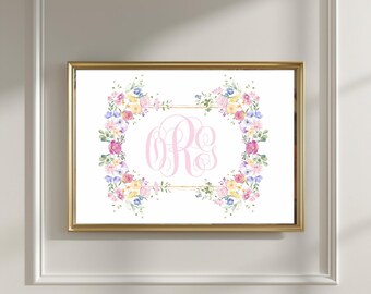 Floral Crest Monogram Girl Nursery Art: Pastel Pink Millennial Print