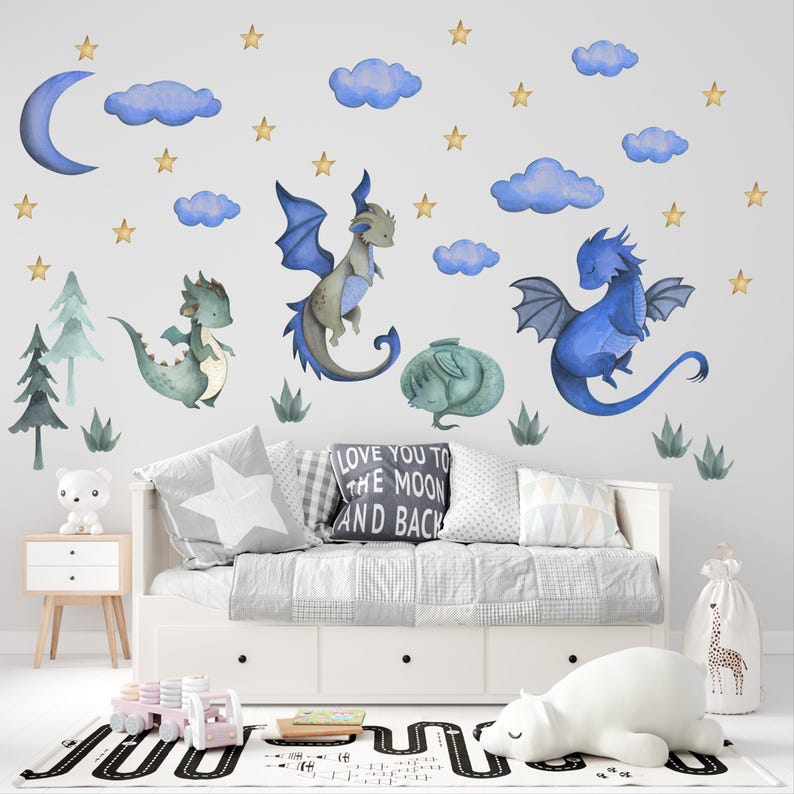 Watercolor Dragon Nursery Wall Decals: Peel & Stick Fabric Decor - Etsy