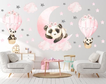 Watercolor panda nursery decal with hot air balloons, nursery panda wall decor, panda decal, baby room decor, sleeping panda decal - 62