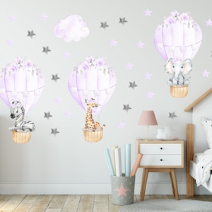 Lavender safari wall decal, hot air balloon decal, safari nursery decal, purple baby room balloon decor, lavender nursery wall sticker  151