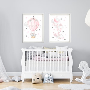 Elephant Giraffe Hot Air Balloon Nursery Print: Girl Baby Decor