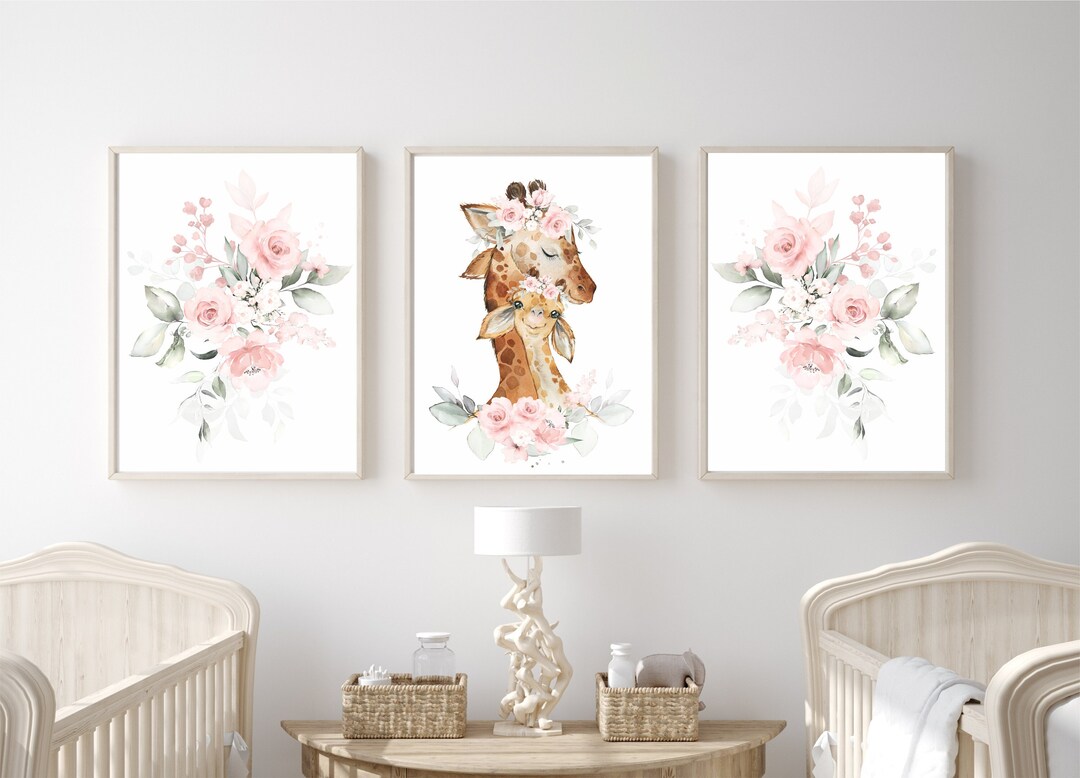 Girl Giraffe Prints, Nursery Decor Girl Floral, Giraffe Nursery Wall