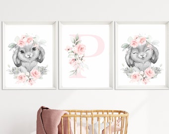 Bunny Nursery Print Set: Pink Floral Girl Decor