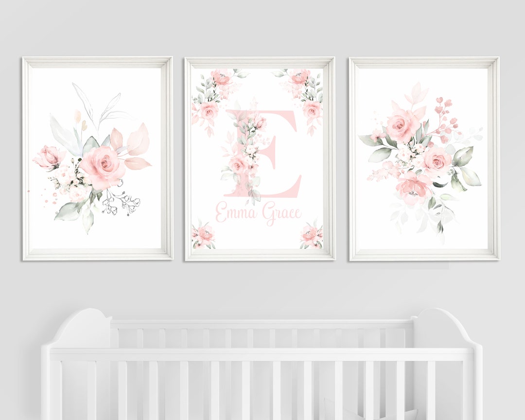 Girl Pink Floral Nursery Prints, Set of 3 Monogram Floral Prints, Girl ...