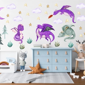 Watercolor Dragon Nursery Wall Decals: Purple & Green Baby Room Decor