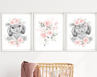 Bunny Nursery Print Set: Pink Floral Rabbit Wall Art