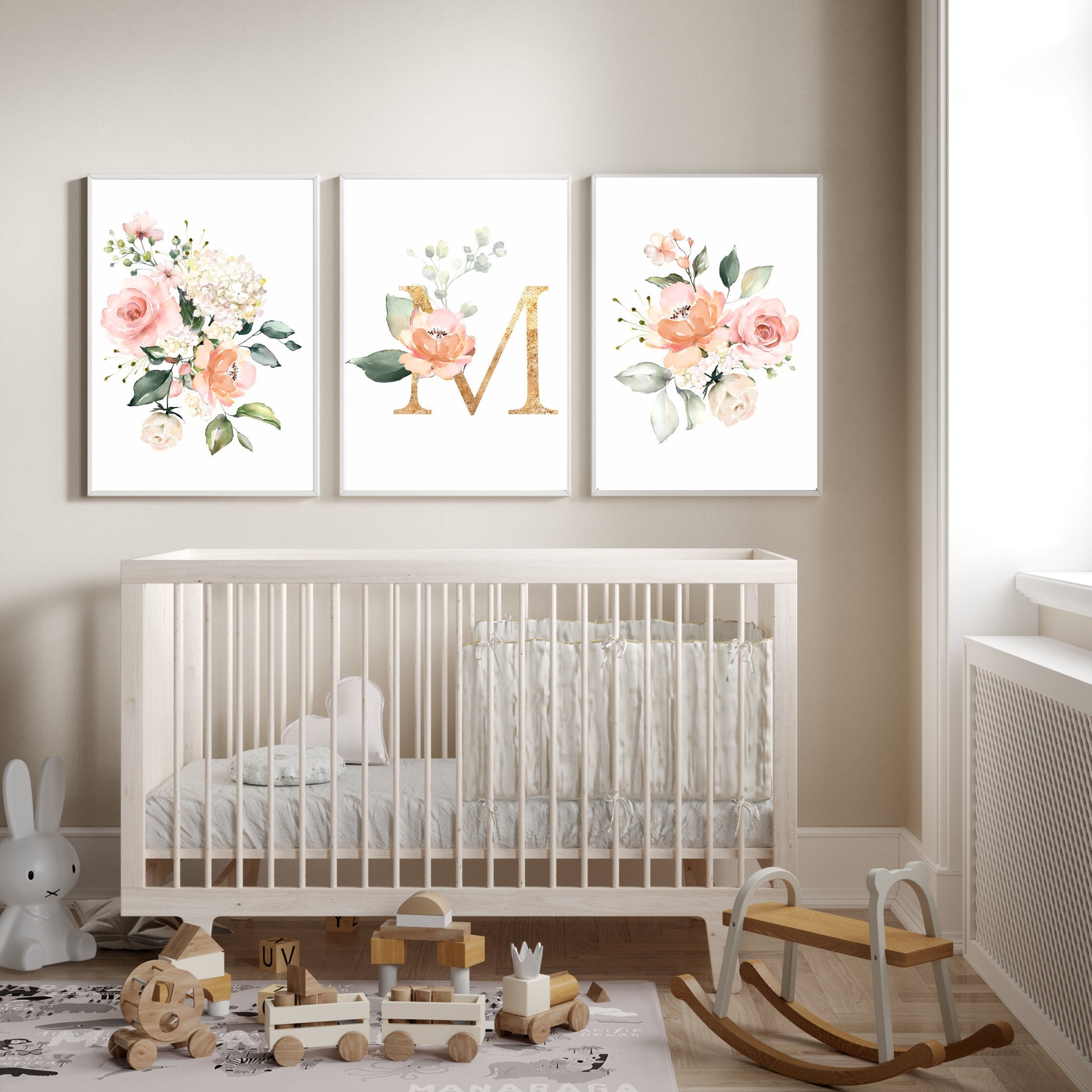 Floral Monogram Girl Nursery Prints: Set of 3 Wall Art - Etsy