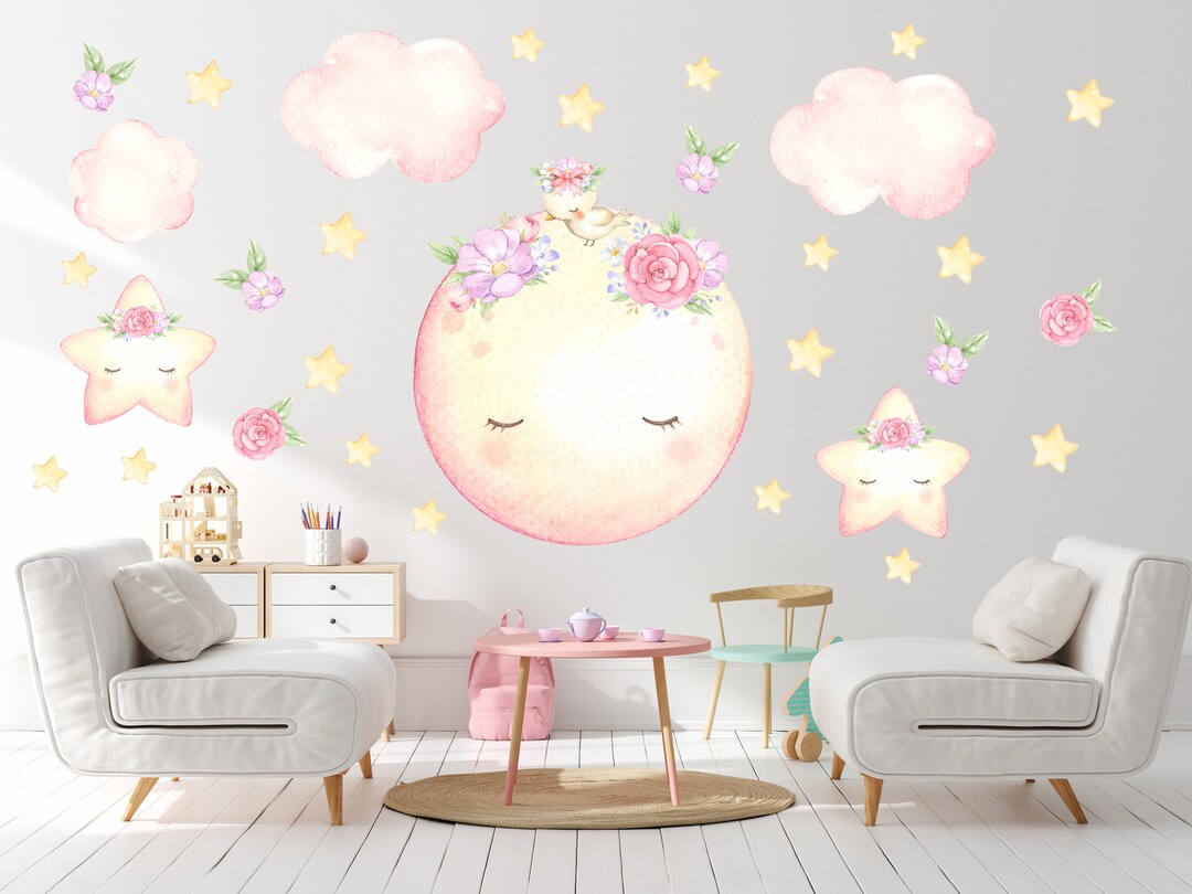 Nursery Moon and Stars Decal With Flowers, Nursery Moon Wall Decor ...