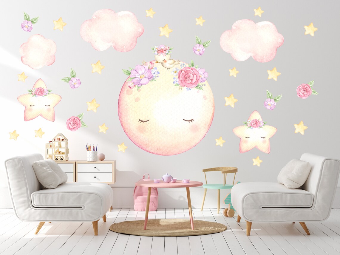 Nursery Moon and Stars Decal With Flowers Nursery Moon Wall - Etsy