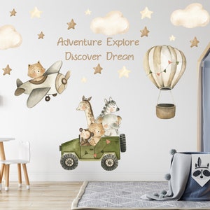 Watercolor Safari Animals Wall Decal: Jeep, Airplane & Hot Air Balloon