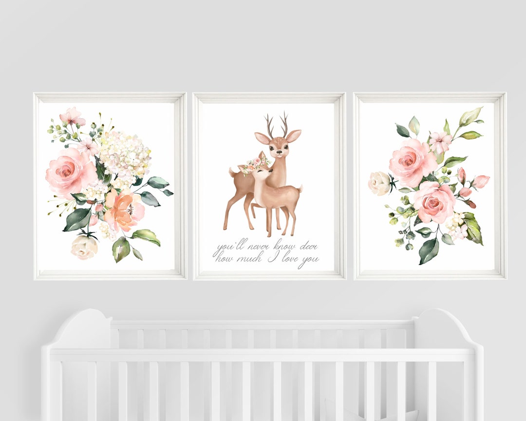 Nursery Deer Room Decor, Nursery Wall Art Girl, Floral Girl Nursery
