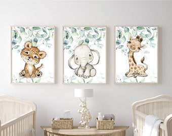 Safari Animal Nursery Prints: Elephant, Giraffe, Leopard