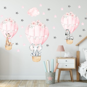 Hot air balloon decal, girls watercolor safari hot air balloon nursery decal, baby room balloon decor, jungle nursery wall sticker  103