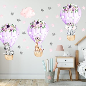 Hot air balloon decal, girls watercolor safari hot air balloon nursery decal, baby room balloon decor, jungle nursery wall sticker  83