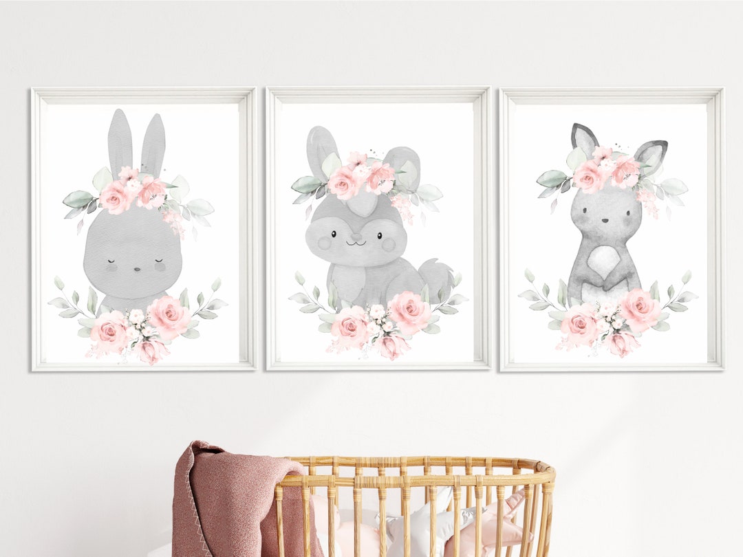 Bunny Nursery Prints: Pink Floral Rabbit Wall Art (set of 3) - Etsy