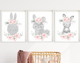 Bunny Nursery Prints: Pink Floral Rabbit Wall Art (Set of 3)