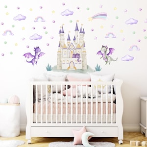 Purple Dragon Nursery Decal: Watercolor Castle, Rainbows & Stars