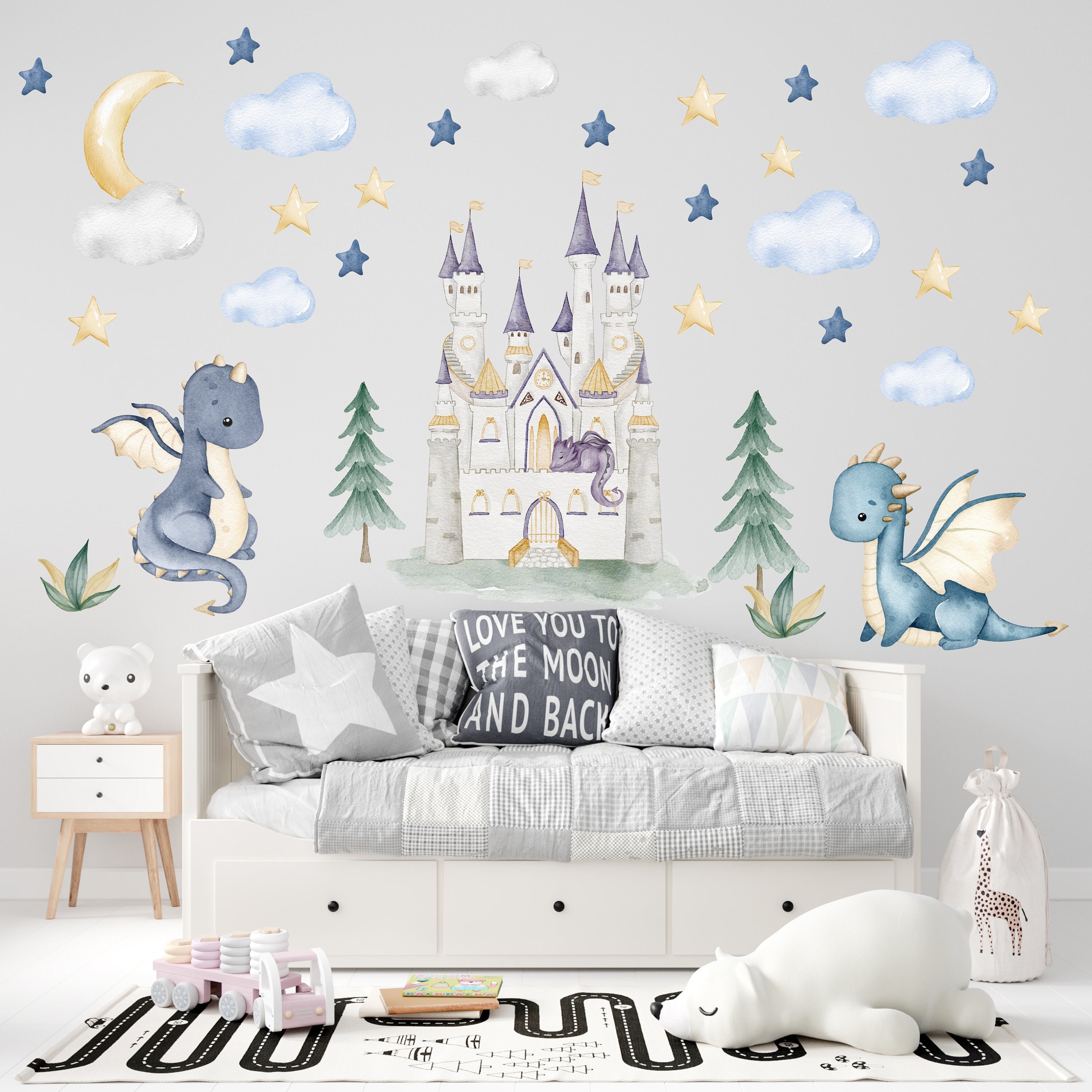 Watercolor Dragon Nursery Wall Decals: Castle, Moon, Stars - 226 - Etsy