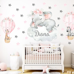 Elephant nursery decal with hot air balloons, nursery elephant wall decor, safari decal, baby room decor, sleeping elephant decal - 114