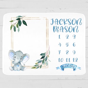 Personalized Elephant Milestone Blanket: Watercolor Baby Monogram Gift