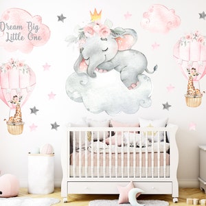 Elephant nursery decal with hot air balloons, nursery elephant wall decor, safari decal, baby room decor, sleeping elephant decal - 135