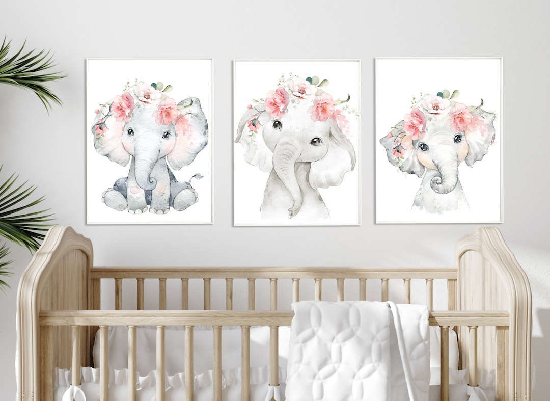 Set of 3 Elephant Prints, Nursery Decor Girl Floral, Elephant Nursery