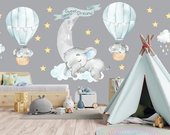 Elephant wall decal nursery, hot air balloon nursery, watercolor animal wall nursery art, baby room decor, elephant nursery wall sticker  11