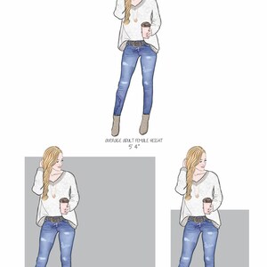 May include: A graphic illustration of a woman wearing a white sweater and blue jeans holding a coffee cup. The illustration is used to show the size of a 50x60 inch blanket and a 30x40 inch blanket.