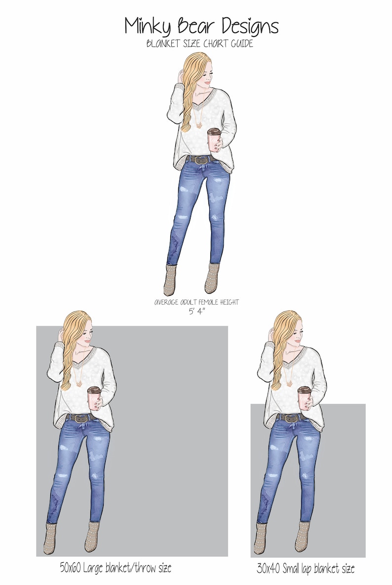 May include: A graphic illustration of a woman wearing a white sweater and blue jeans holding a coffee cup. The illustration is used to show the size of a 50x60 inch blanket and a 30x40 inch blanket.