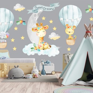Watercolor Safari Nursery Decal: Hot Air Balloons, Giraffe, Lion, Cheetah