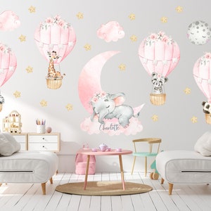 Hot air balloon decal, girls watercolor safari hot air balloon nursery decal, baby room balloon decor, jungle nursery wall sticker - 108