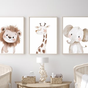 Impressions pour chambre d&#39;enfants animaux de safari, aquarelles de lion, de girafe et d&#39;éléphant - Lot de 3 - 740