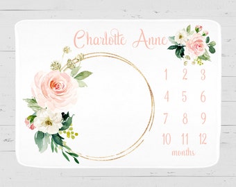 Personalized Floral Wreath Milestone Blanket: Baby Girl Photo Prop