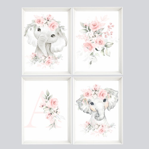 Set of 3 Elephant Prints Nursery Decor Girl Floral Elephant Etsy