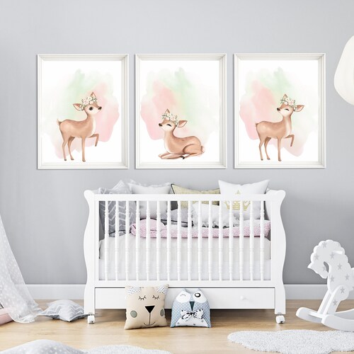 Nursery Girl Decor Deer Nursery Wall Art Girl Floral Girl Etsy