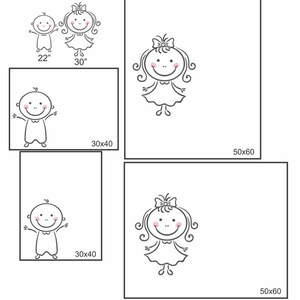 May include: A printable chart with four frames showing stick figure illustrations of babies. The chart is labeled "Please see baby chart for average month by month height". The frames are labeled with the dimensions 22x30 inches, 30x40 inches, 50x60 inches, and 30x40 inches.