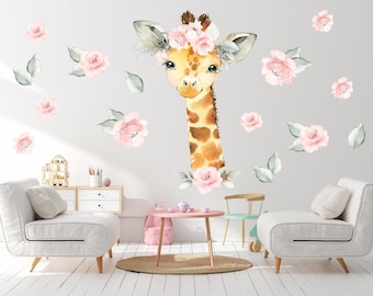 Nursery giraffe decal with flowers, nursery giraffe wall decor, girl giraffe nursery fabric wall decal  giraffe decal, baby room decor- 01