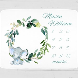 Personalized Elephant Milestone Blanket: Watercolor Wreath, Monthly Photo Prop
