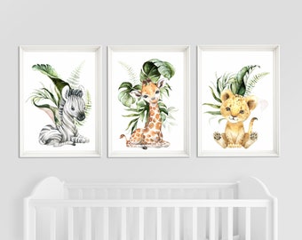 Safari Kinderzimmer Drucke: Zebra, Giraffe, Löwe - 3er-Set
