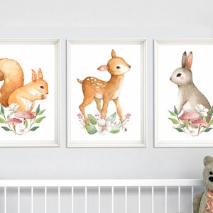 Woodland Animal Nursery Prints: Deer, Bunny, Squirrel with Wildflowers