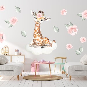 Watercolor Giraffe Wall Decal with Flowers - Baby Girl Nursery Decor