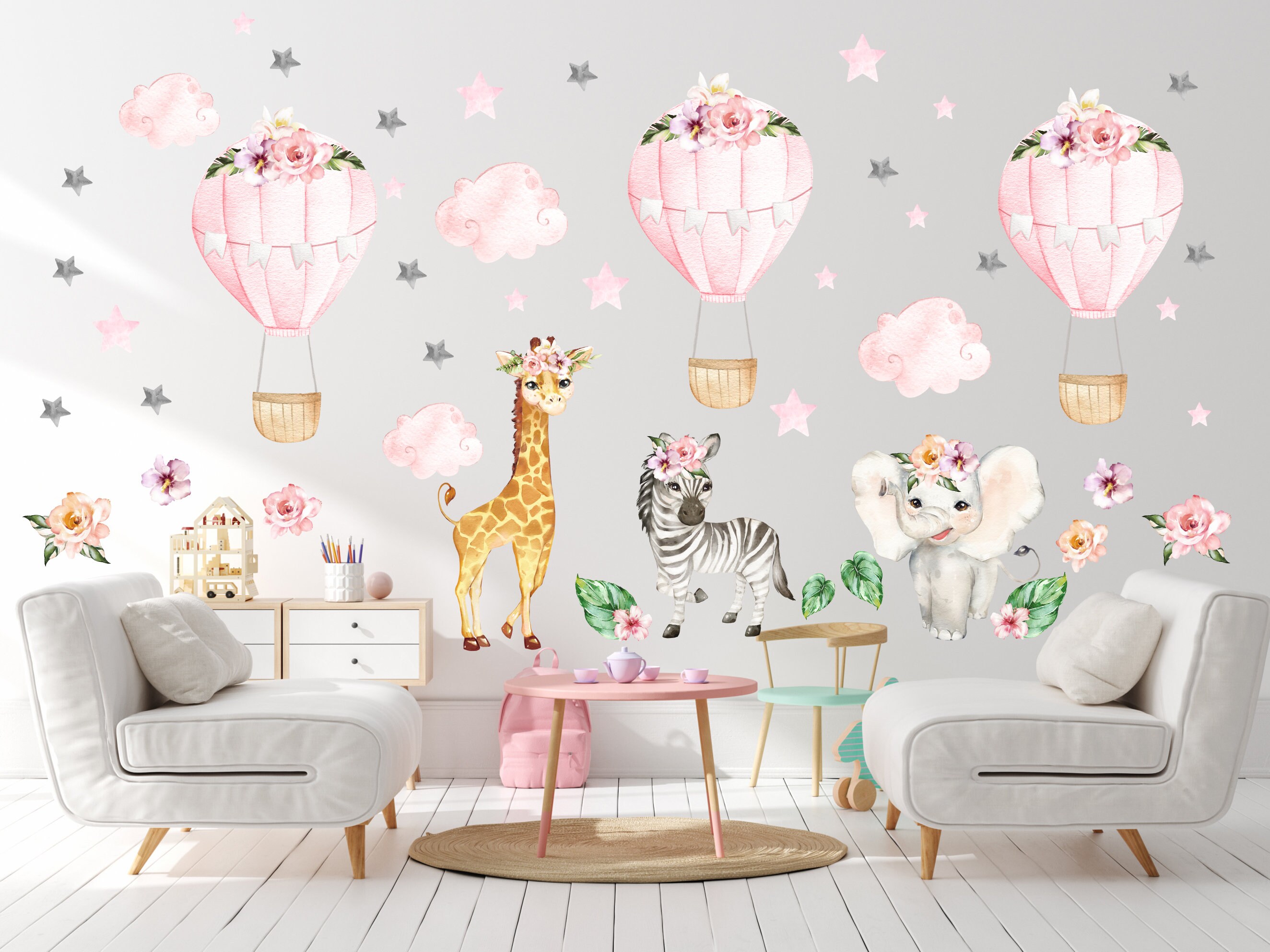 Hot air balloon baby safari decal for girls, safari decal, baby room decor, jungle wall sticker, jungle decor, nursery safari wall decal #23