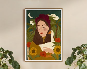 Lady With a Goose • Art Print • A4 • A3 • Plant Lover • Woman • Girl • Boho decor • Tulum • Sunflowers • Aleksandra Birch