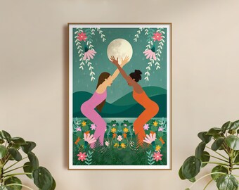 Moon Sisters • Art Print • A4 • A3 • Plant Lover • Yoga • Girl • Boho decor • Forest • Yogi • Yoga Pose • Aleksandra Birch