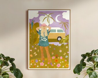 Hippie Girl • Art Print • A4 • A3 • Plant Lover • VW T1 • 70s • Boho decor • Vintage • Tropical • Moon • Travel