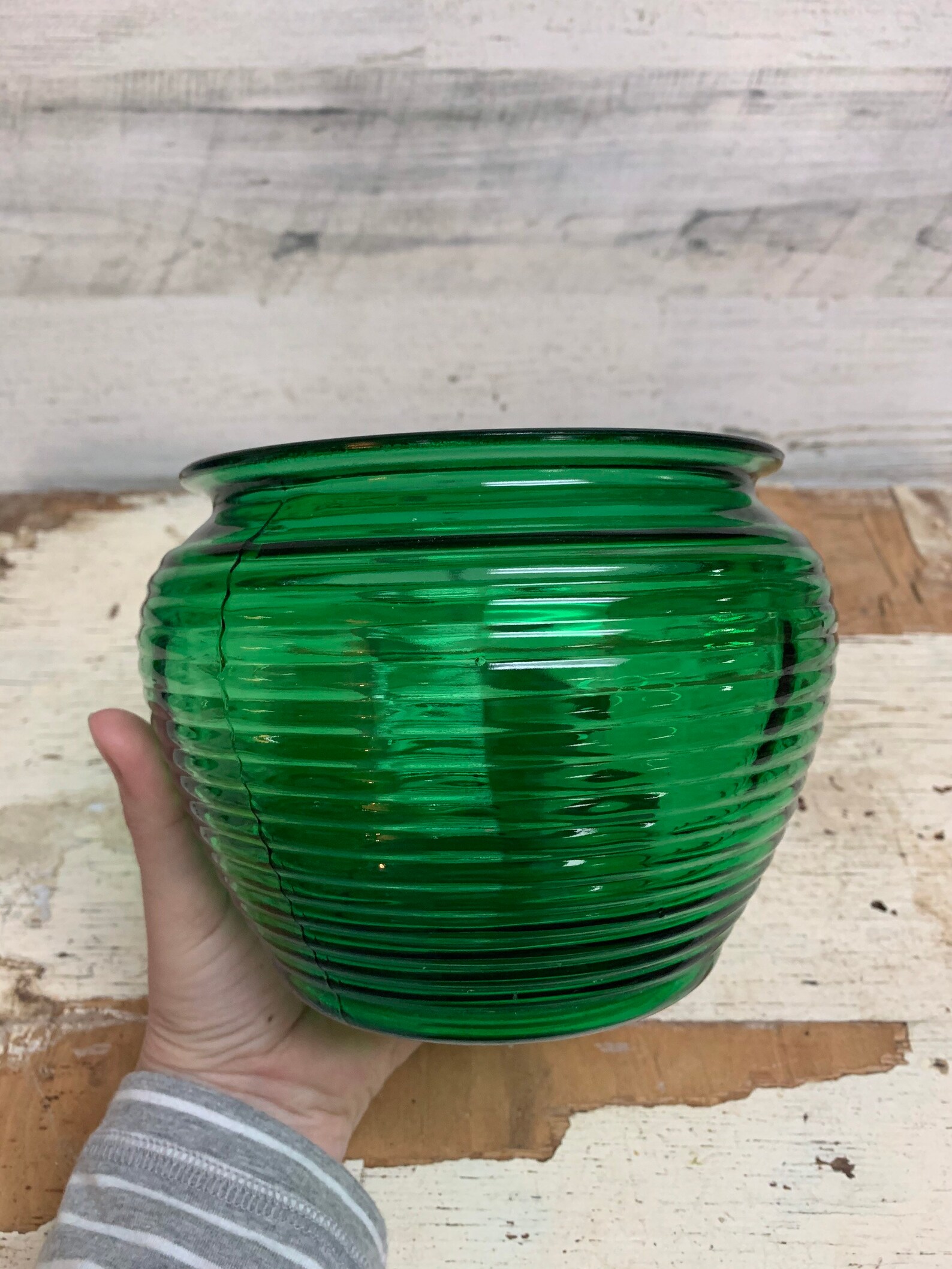 Vintage Forest Green Glass Flower Vase Planter Ribbed Ringed Etsy